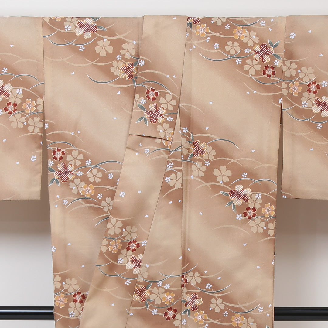 小紋 洗える着物 単衣 身丈164cm 裄丈66cm ポリエステル Aランク Lサイズ 広衿 インフォーマル 芝草 桜 茶系 1215-01188