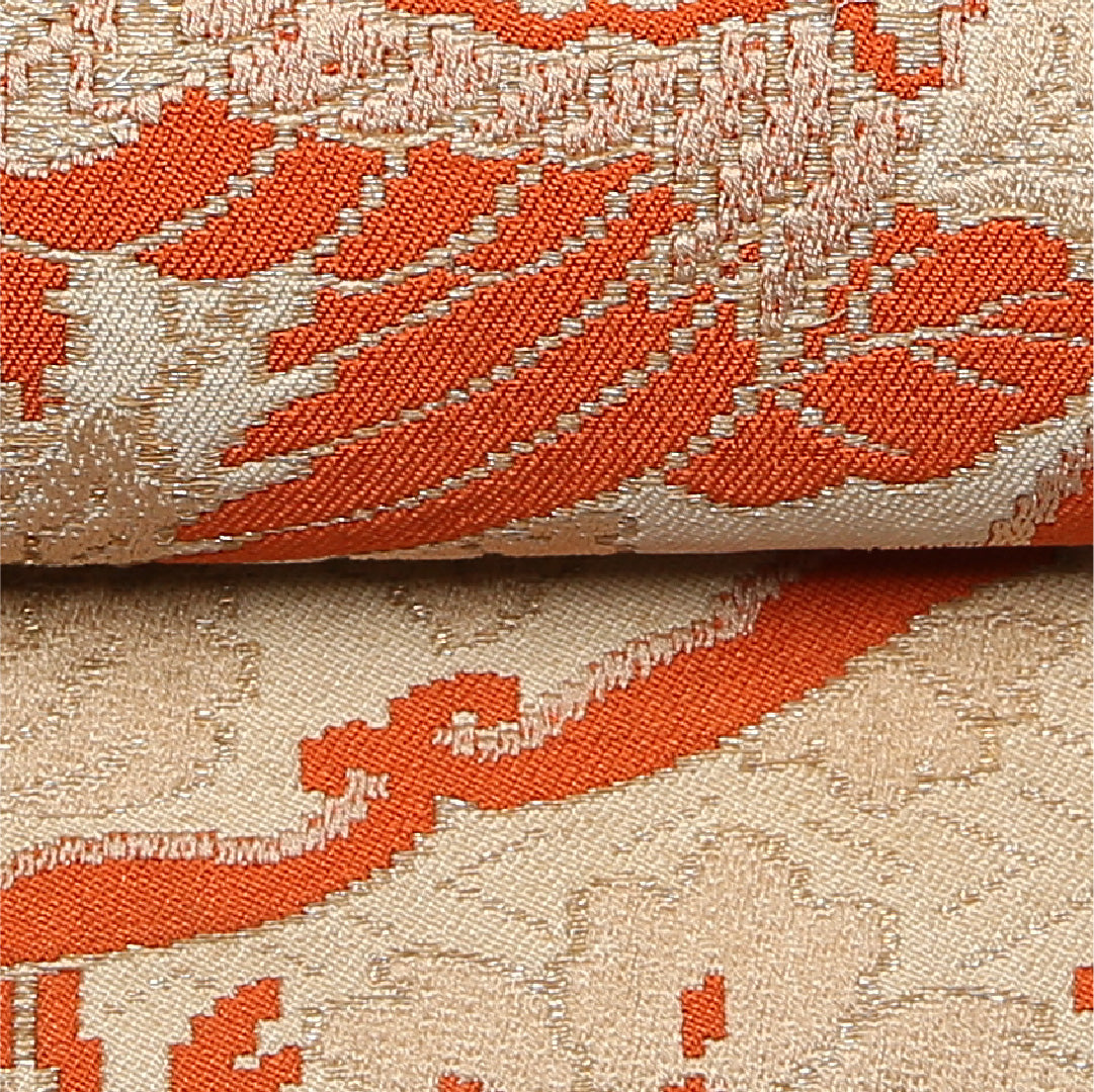 アンティーク 九寸名古屋帯 帯丈380cm 正絹 全通 開き仕立て 織り リバーシブル 金箔 花喰鳥 クリーム系 RP 1245-01478