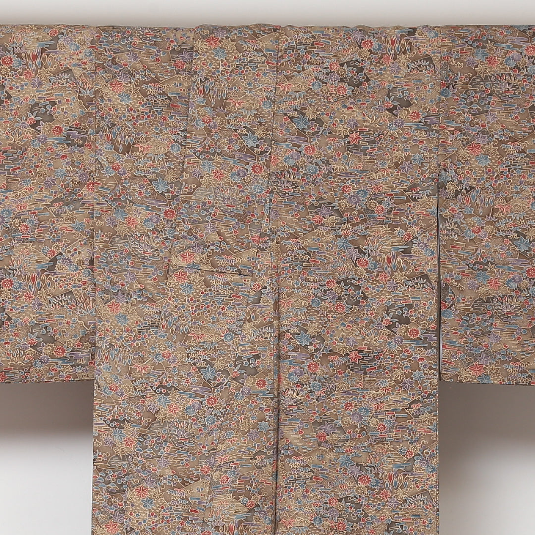 小紋 袷 身丈159cm 裄63cm 茶系 型染め 花柄 紅葉 正絹 Aランク 1215-01602-3314