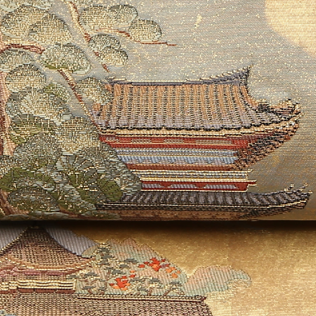 袋帯 帯丈434cm 六通 大和路散策絵文 本金箔 梅 竜胆 寺社仏閣 笠松 フォーマル 金系 正絹 Aランク 1223-01093