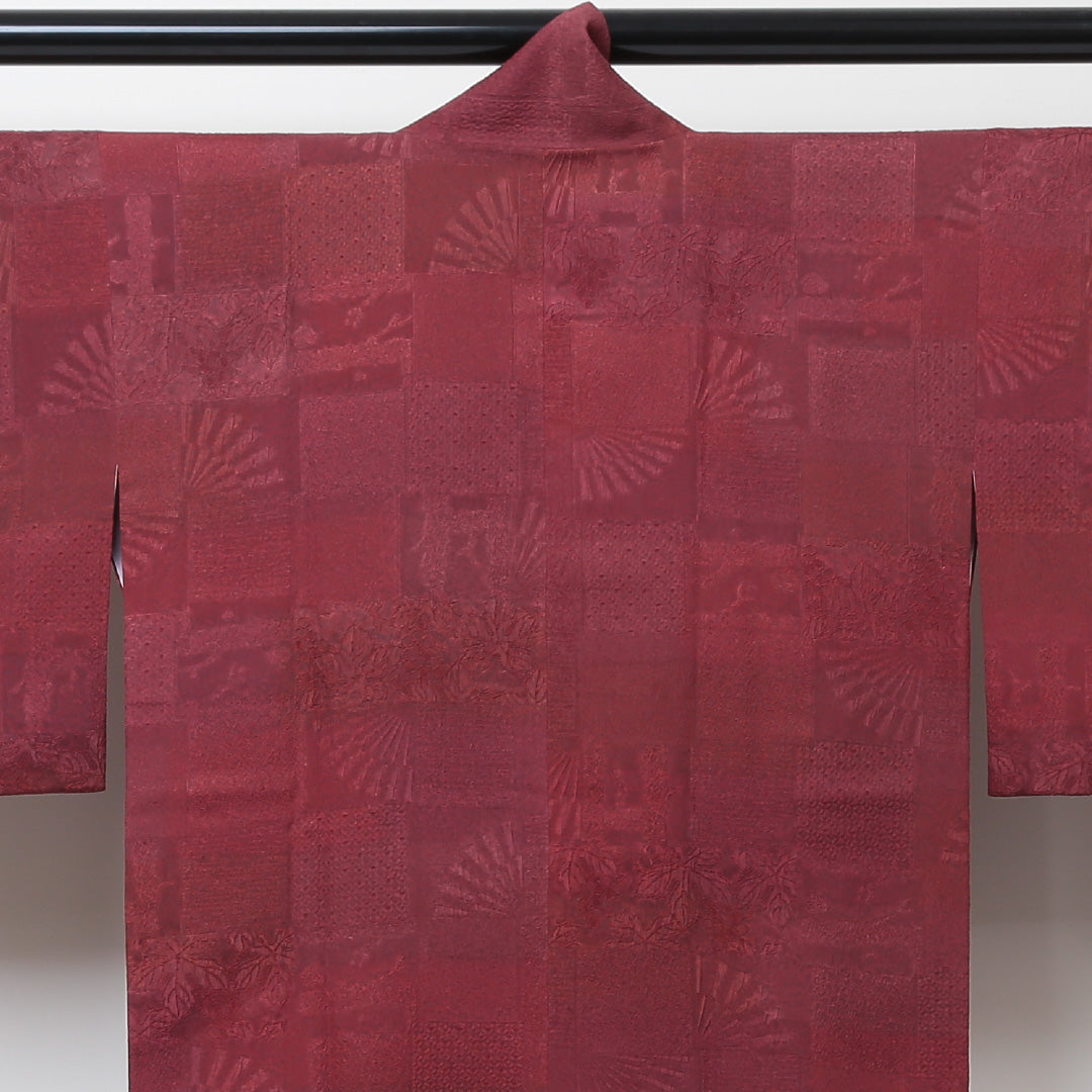 道中着 袷 身丈85cm 裄丈63cm 正絹 Aランク Sサイズ カジュアル ふくれ織 市松 赤系 1264-05748