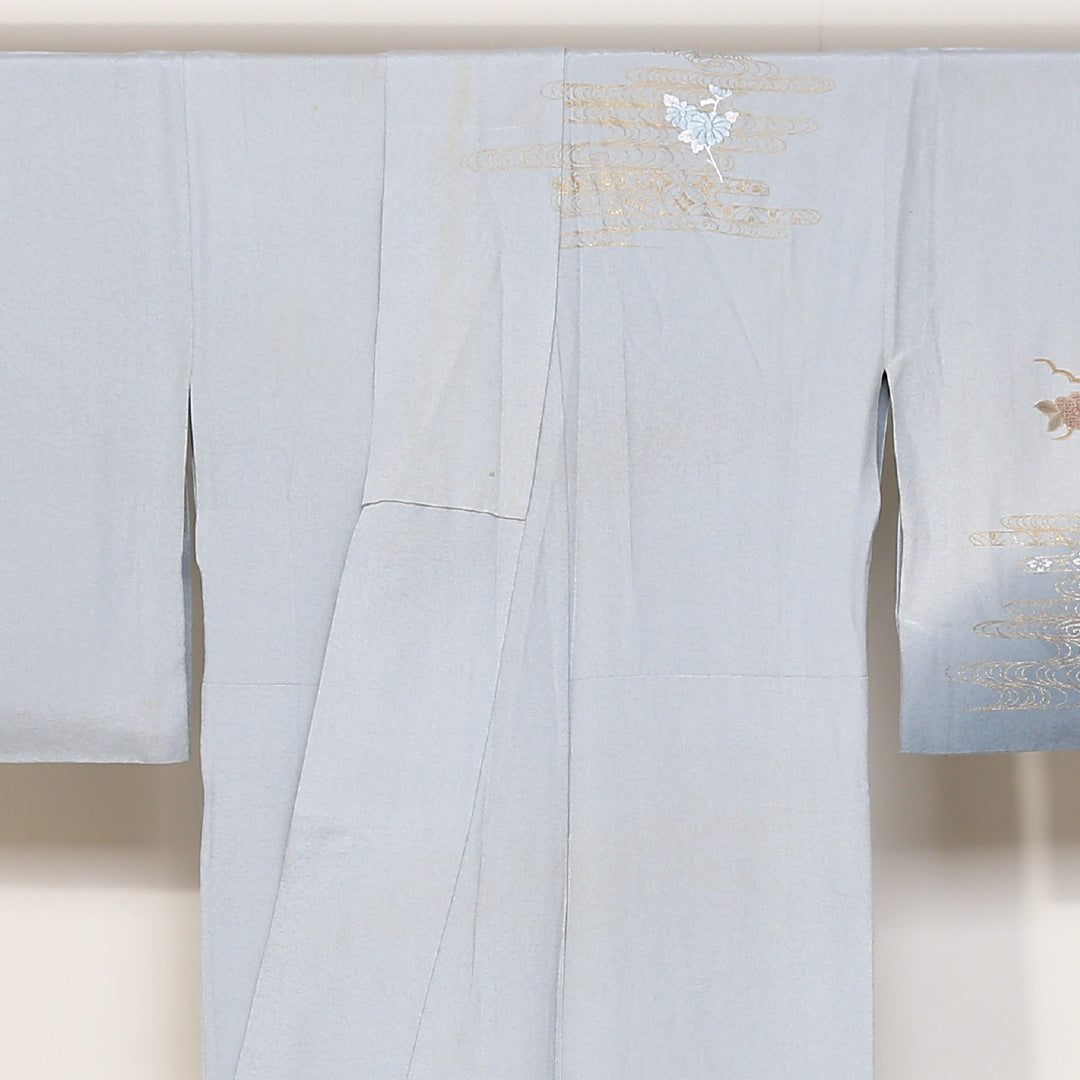 訪問着 袷 身丈159cm 裄丈63cm 正絹 Bランク セミフォーマル 広衿 Mサイズ 金彩 蘇州刺繍 汕頭刺繍 吉祥文様 水色系 HP 1217-04418