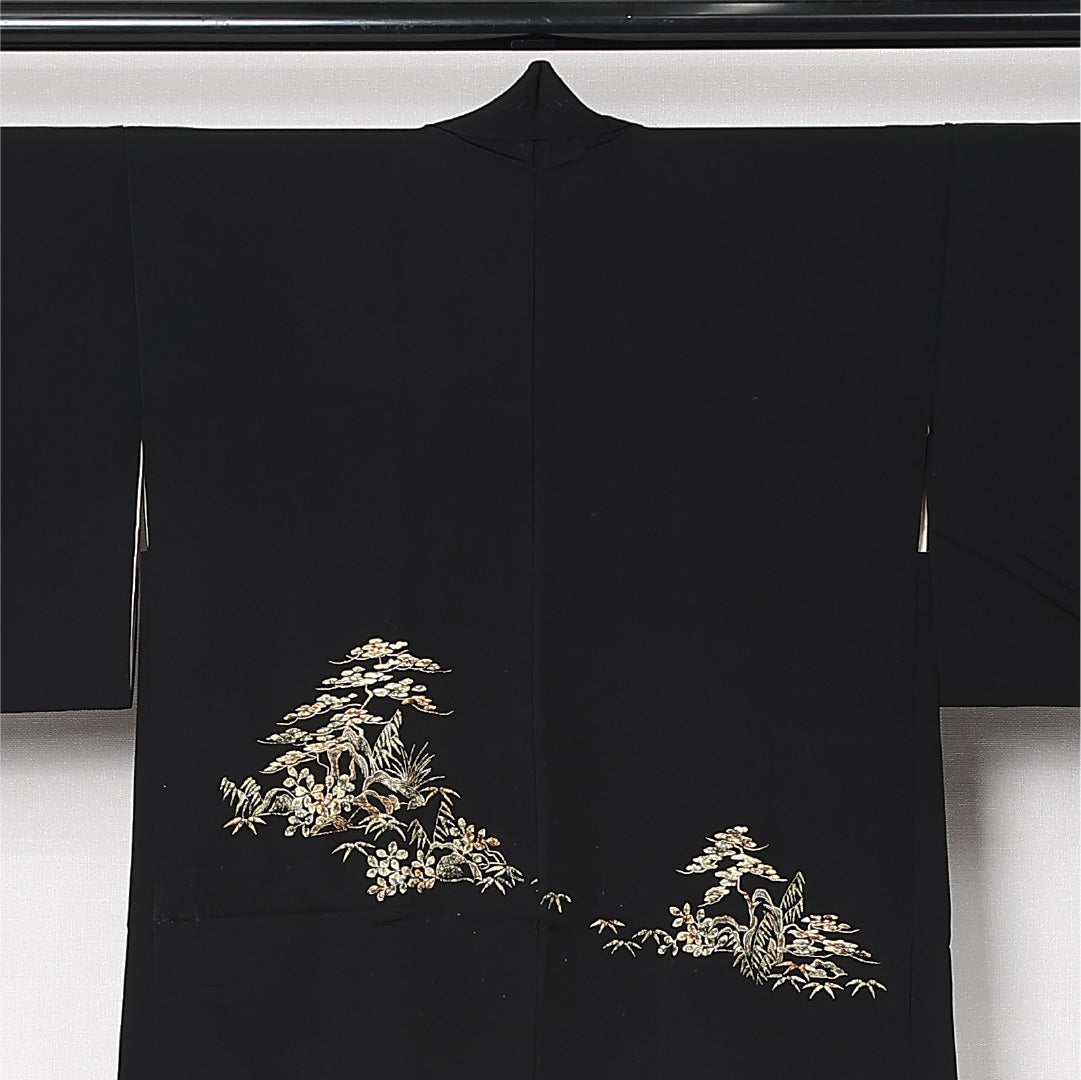 黒羽織 袷 身丈75cm 裄丈63cm 正絹 Cランク インフォーマル Sサイズ 紐あり 松 黒系 LP 1233-12926