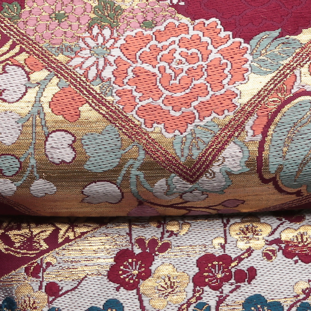 アンティーク 九寸名古屋帯 Aランク 帯丈333cm 正絹 六通 名古屋仕立て 織り 色紙 牡丹 梅 紫系 M4 1245-01800