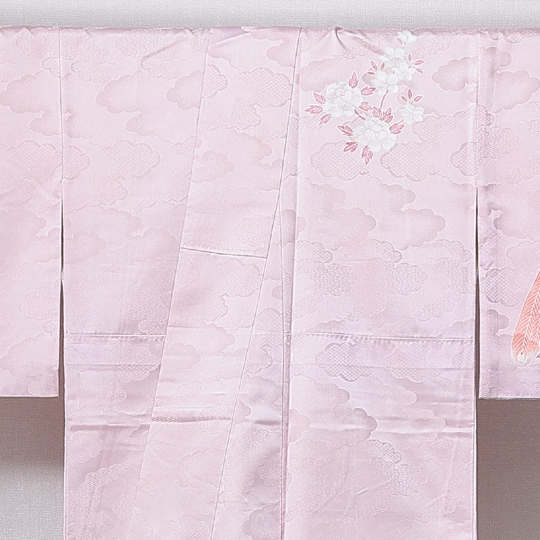 訪問着 洗える着物 袷 身丈155cm 裄丈65cm ポリエステル Cランク Mサイズ 広衿 セミフォーマル 孔雀 梅 紫系 1212-14989