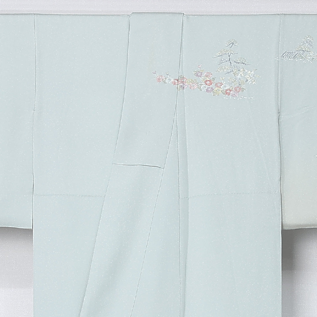 訪問着 身丈154cm 裄丈63.5cm Aランク S 正絹 袷 広衿 一つ紋 五三桐 落款 翠山刺繍 刺繍 ぼかし染 フォーマル 緑系 1212-12198