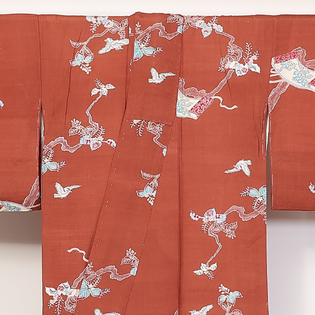 アンティーク 小紋 袷 身丈146cm 裄62cm 正絹 鳥 絵巻 朱系 ちりめん Cランク 1215-02307