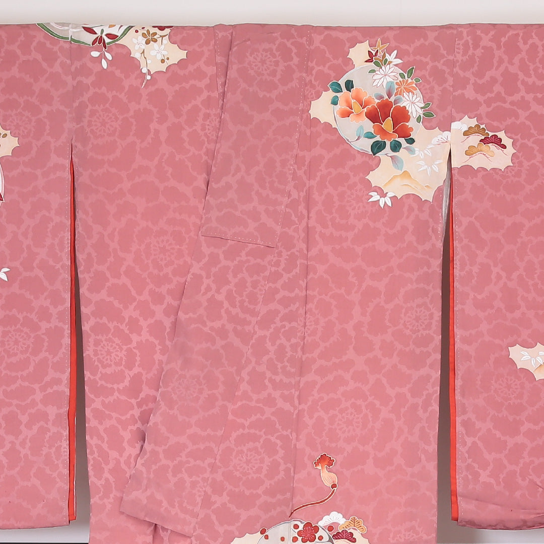 アンティーク 訪問着 (錦紗) 袷 身丈151cm 裄丈63cm 正絹 Aランク 紋意匠 (吉祥文様) 広衿 Sサイズ 花柄 吉祥文様 ピンク系 RP 1217-04501