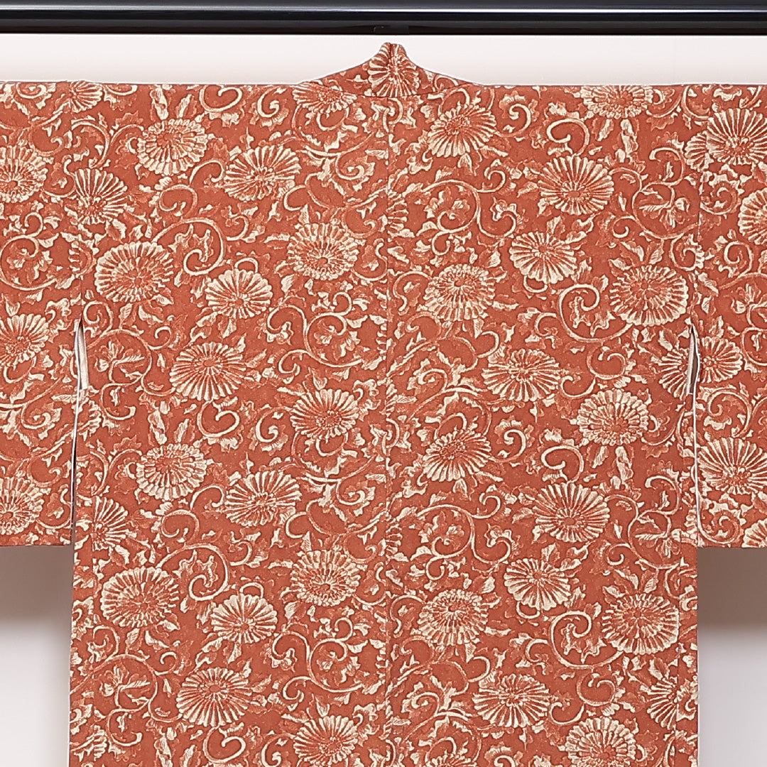 羽織 身丈77cm 裄丈62cm S 正絹 唐菊 朱系 Sランク 1217-00834