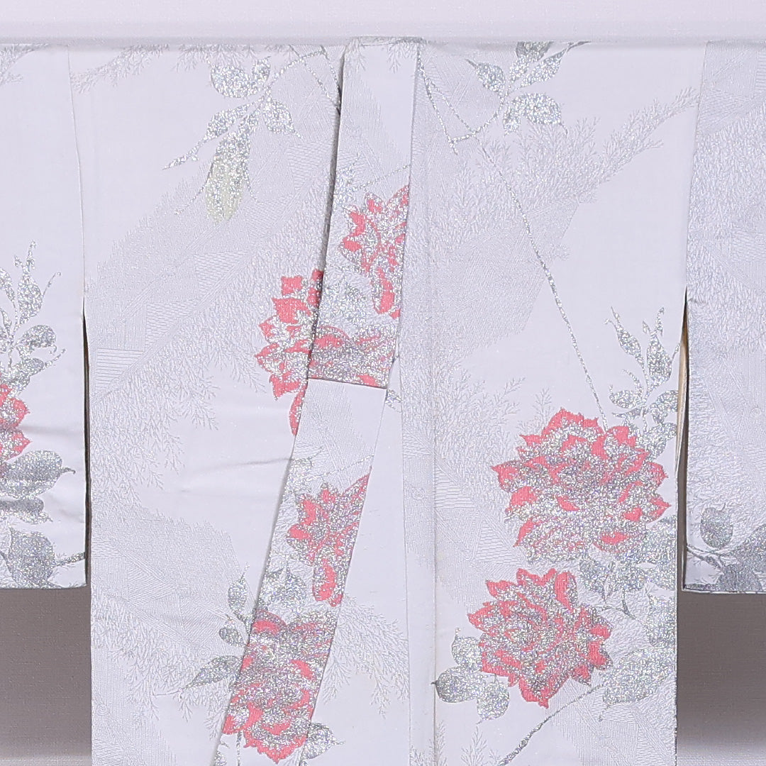 アンティーク 小紋 (お召) 袷 身丈154cm 裄丈64cm 正絹 Cランク バチ衿 Sサイズ 漆糸 薔薇 グレー系 RP 1221-11657