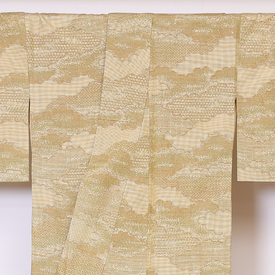 紬 袷 身丈154cm 裄丈65cm 正絹 Aランク Sサイズ 広衿 カジュアル 雲取り ベージュ系 1216-03275