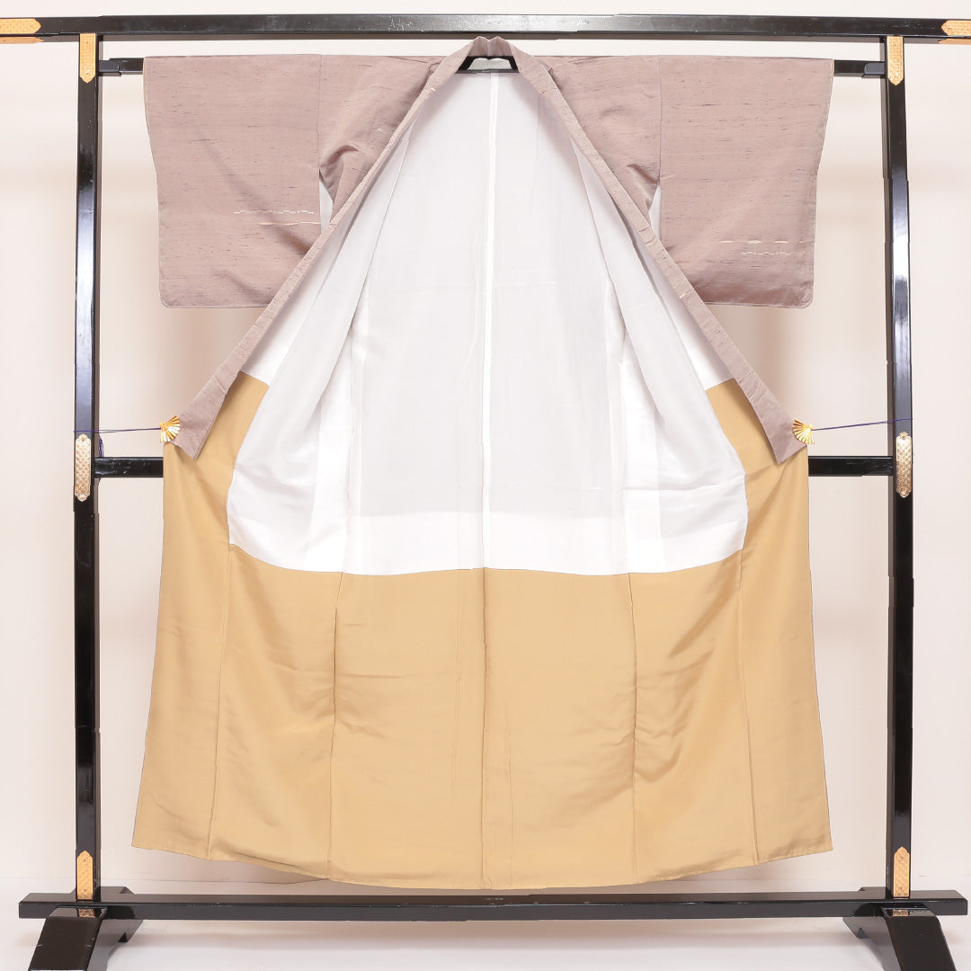 紬 袷 身丈153cm 裄丈62cm 正絹 Sランク Sサイズ バチ衿 カジュアル すくい織 ピンク系 茶系 1216-02499