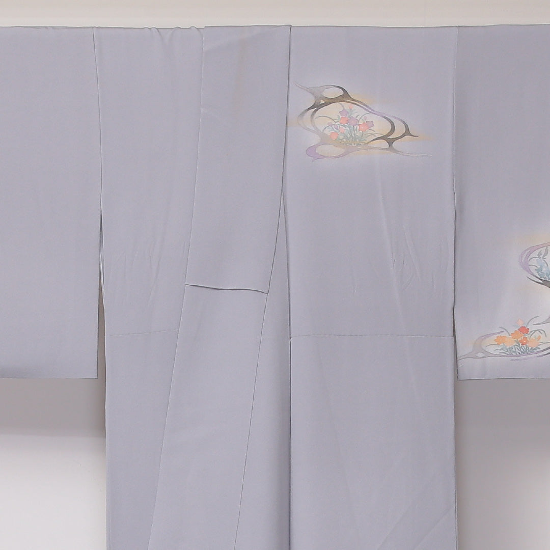 訪問着 袷 身丈158cm 裄丈62cm 正絹 Aランク セミフォーマル 広衿 Mサイズ ぼかし染 鶴 花柄 グレー系 RP 1217-04585