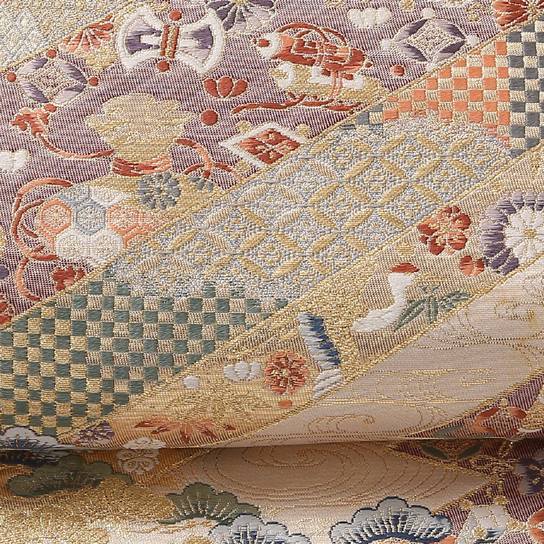 袋帯 帯丈420cm 正絹 六通 松皮取華宝紋 フォーマル 九百錦 松皮菱 裂取り 金系 1243-01687