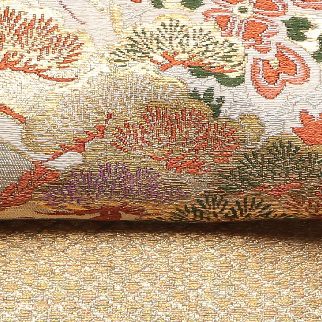 アンティーク 丸帯 帯丈416cm 正絹 全通 松鶴 御所解 金系 1242-01341
