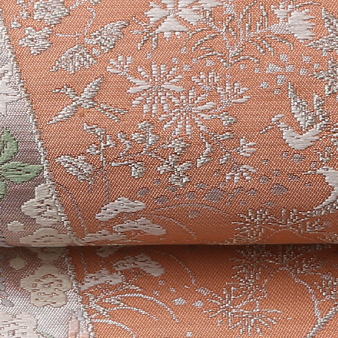 袋帯 帯丈442cm 六通 フォーマル Sランク 正絹 尾長鳥 藤 古典的 華やか 朱系 1223-01593