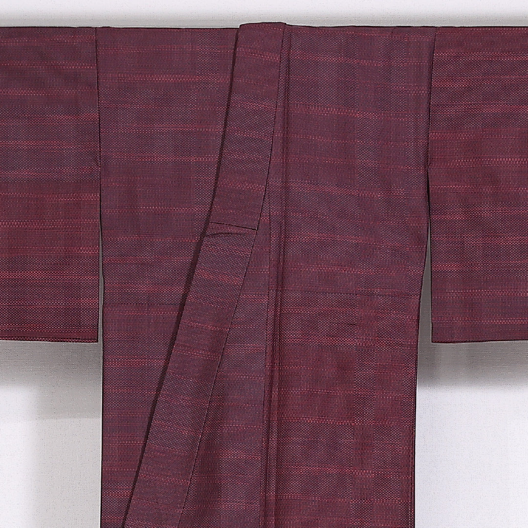 紬 単衣 身丈153cm 裄丈62cm 正絹 Sランク カジュアル 広衿 Sサイズ 居敷当て 肩当て よろけ縞 紫系 RP 1223-03946