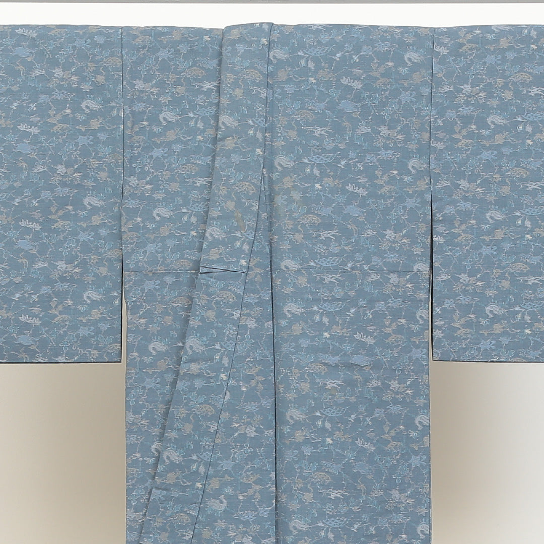 紬 袷 身丈147cm 裄丈63cm 正絹 Aランク XSサイズ 広衿 カジュアル 花鳥風月 青系 1216-02829