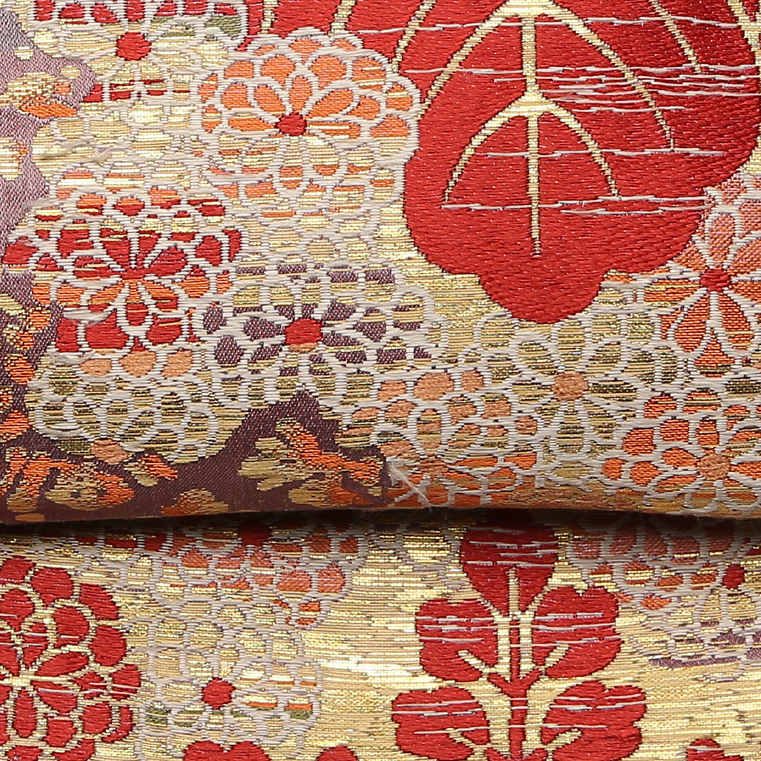アンティーク 九寸名古屋帯 Cランク 帯丈354cm 正絹 六通 名古屋仕立て 織り 菊 桐 紅葉 金系 RP 1245-01436