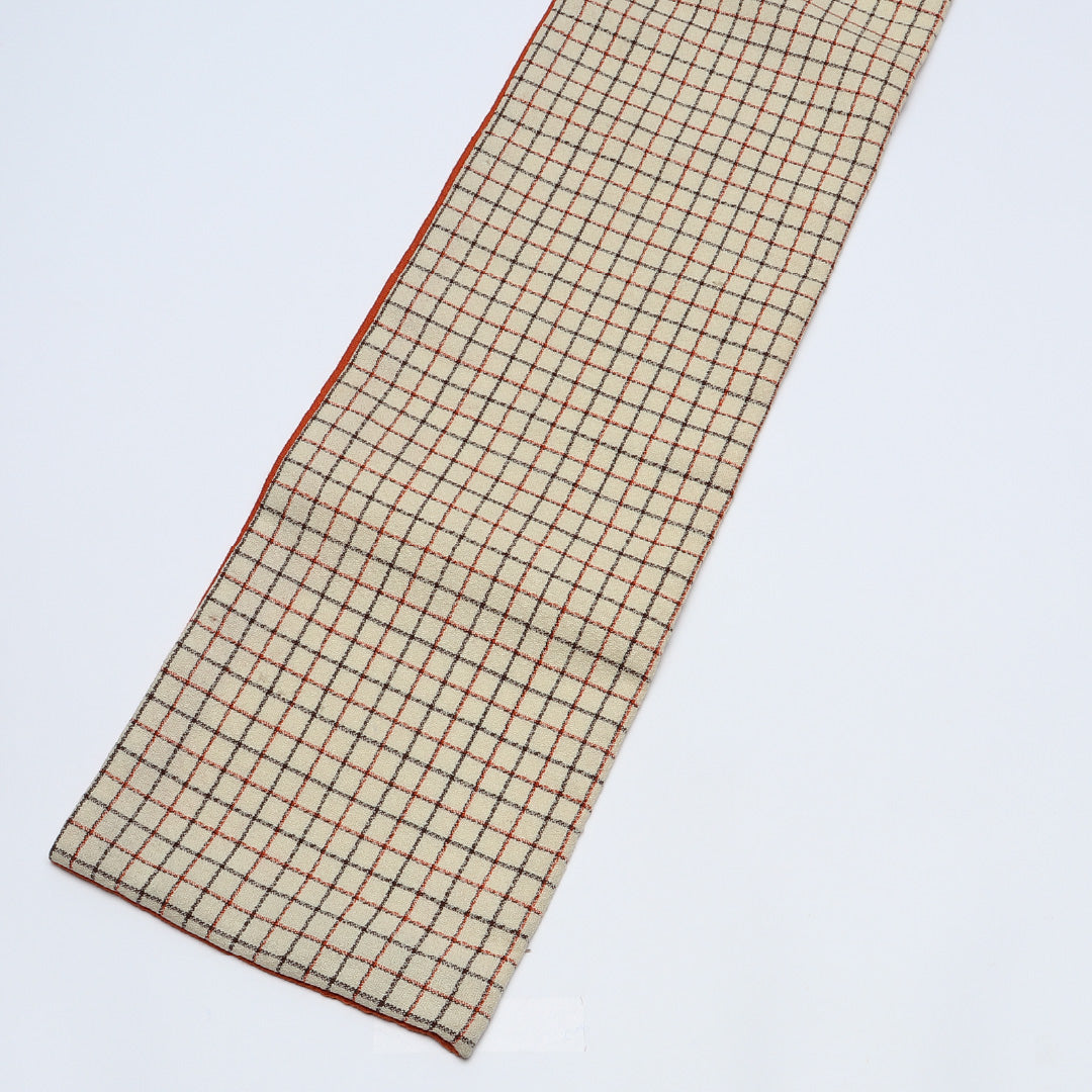 半幅帯 帯丈292cm Aランク カジュアル 創作 小袋帯 ウール 織り 格子 クリーム系 茶系 1225-000601