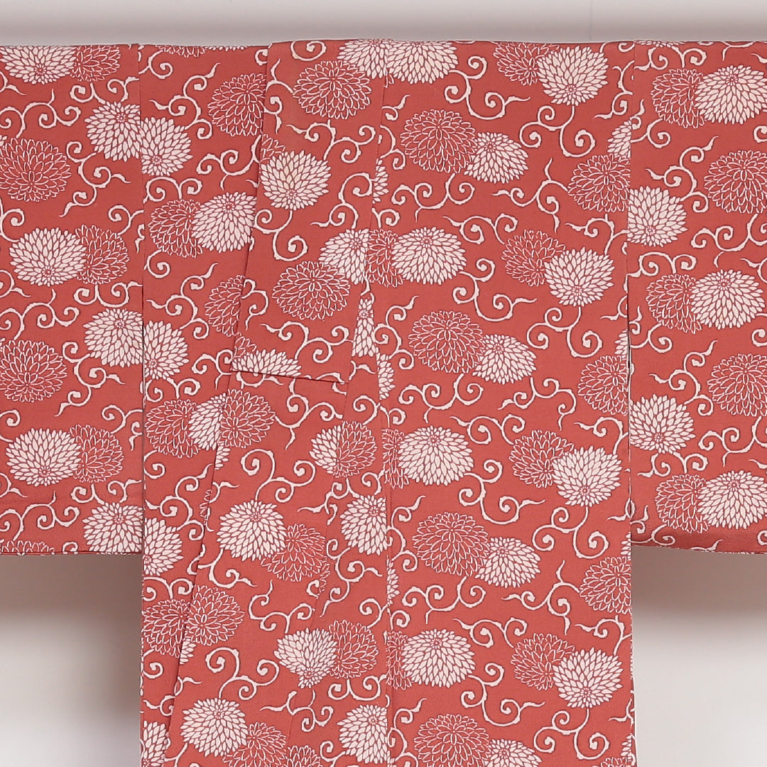 小紋 袷 身丈153cm 裄丈63cm 正絹 Sランク Sサイズ 広衿 インフォーマル ちりめん 唐草 菊 朱系 1215-01729