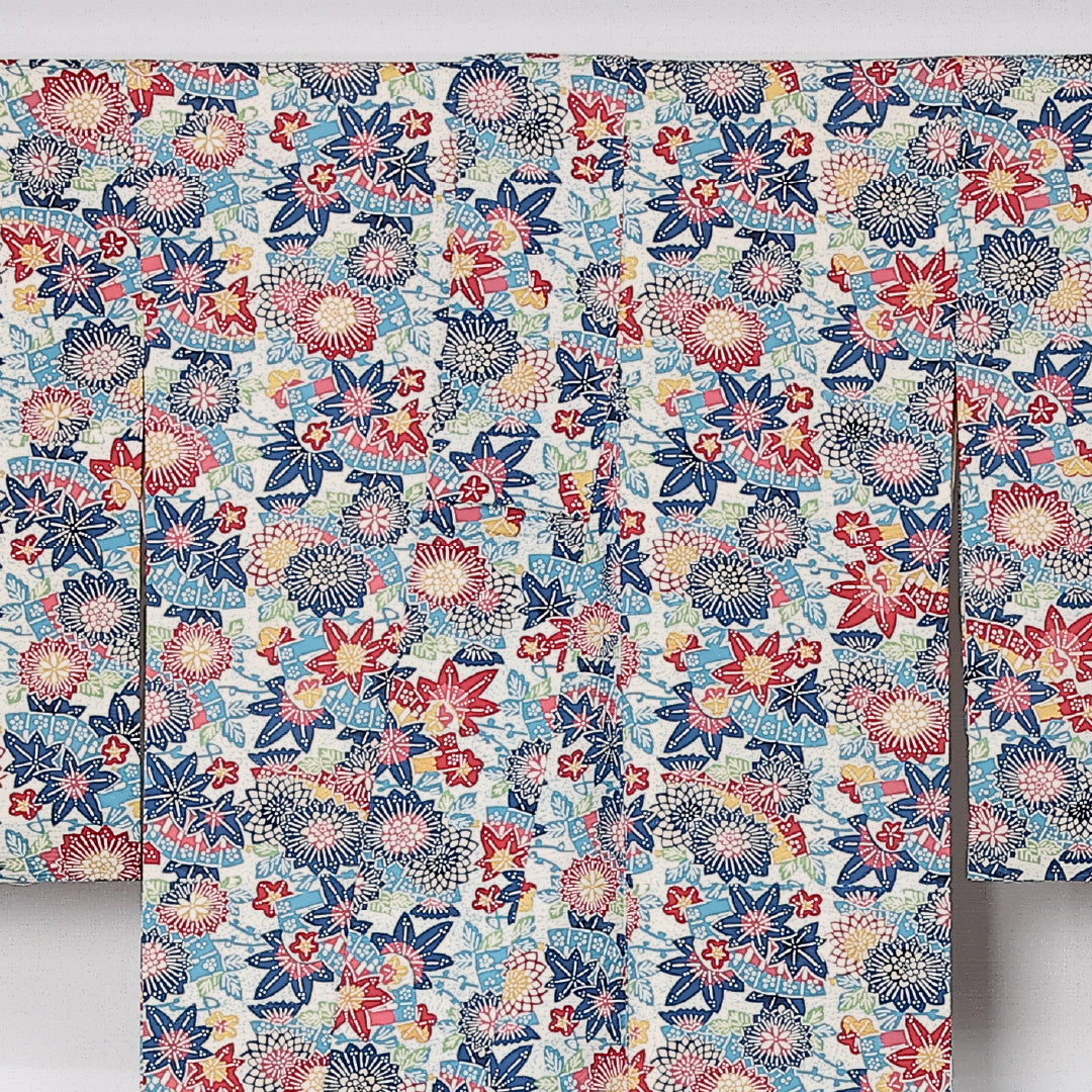 アンティーク 京紅型 小紋 身丈154cm 裄丈64cm Aランク S 正絹 袷 広衿 ポップ 扇 菊 紅葉 青系 1215-12507