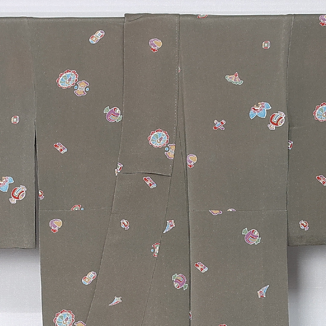 小紋 身丈150cm 裄丈63cm Aランク S 正絹 単衣 広衿 織り出し 金駒刺繍 宝尽くし カジュアル 緑系 1215-12307