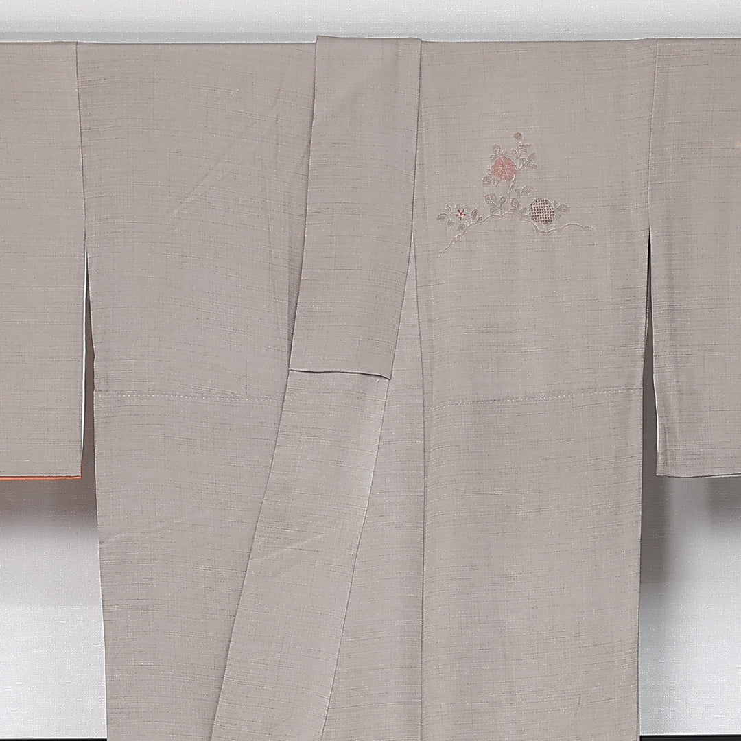 訪問着 身丈165cm 裄丈68cm Bランク XL 正絹 袷 広衿 蘇州刺繍 相良刺繍 汕頭刺繍 御所車 ぼかし 菊 松 セミフォーマル グレー系 1212-12035
