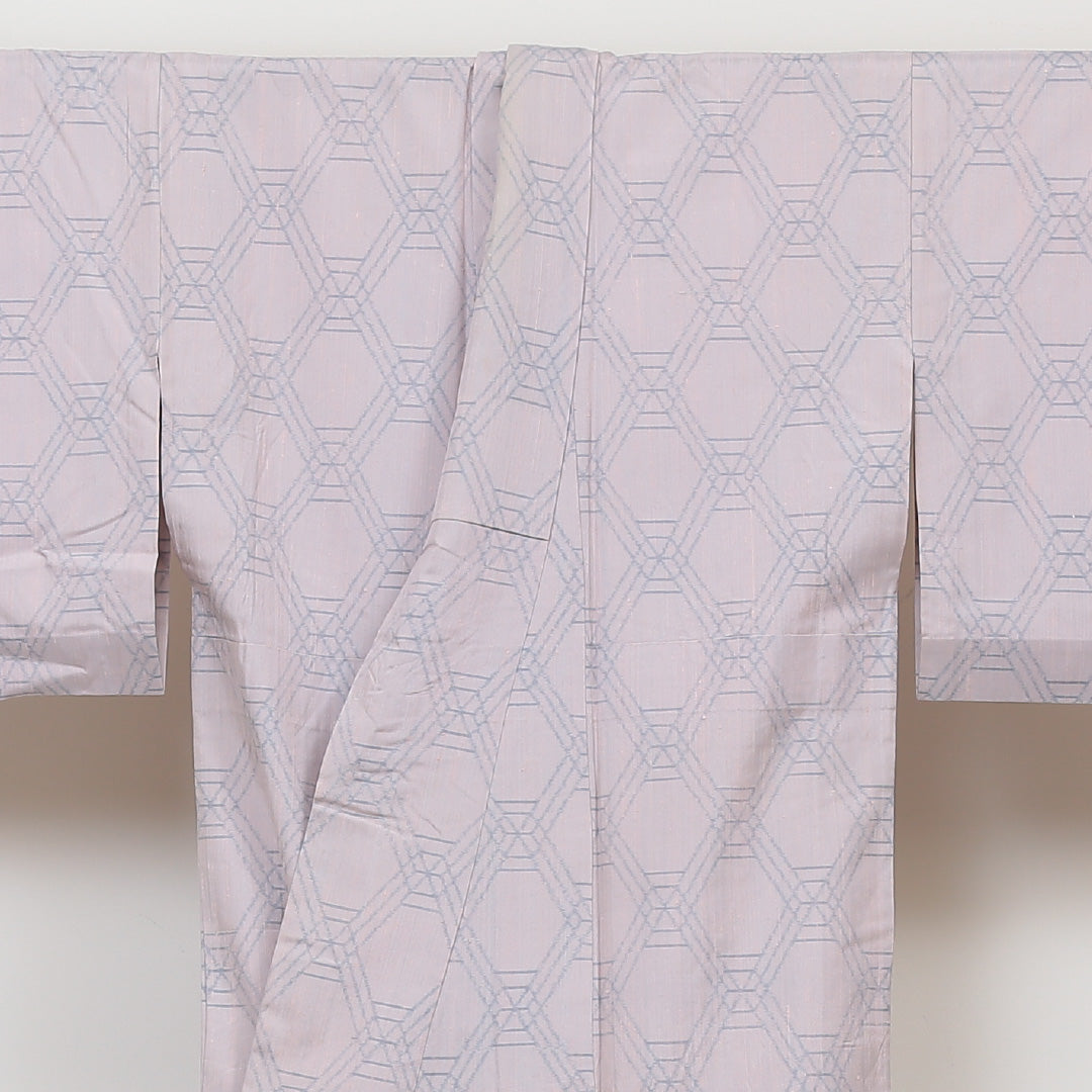紬 単衣 身丈148cm 裄丈62cm 正絹 Cランク カジュアル バチ衿 XSサイズ 籠目 ピンク系 LP 1223-02924