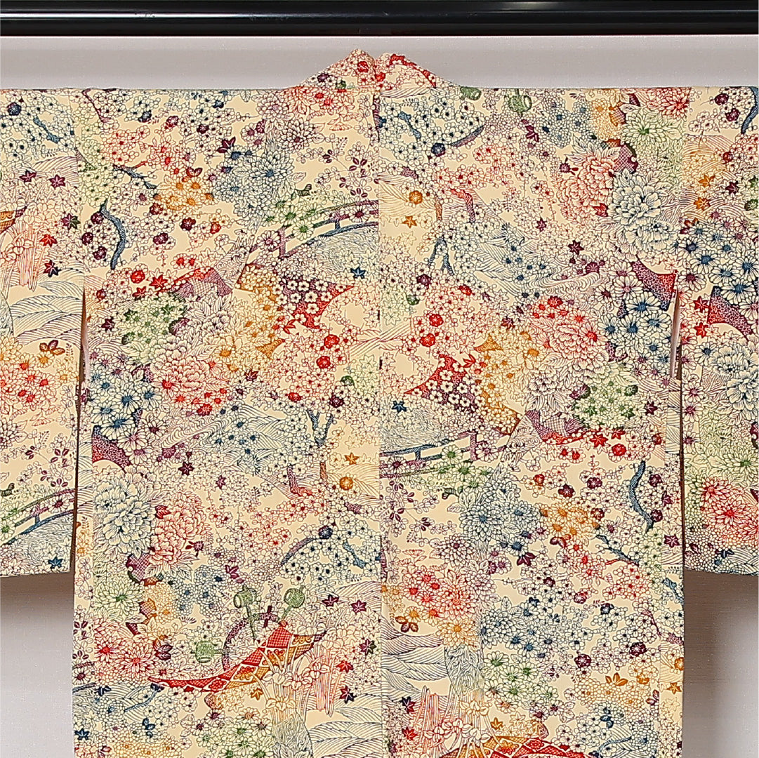 羽織 袷 身丈85cm 裄丈64cm 正絹 Sランク カジュアル Mサイズ 紐あり 花柄 ベージュ系 RP 1232-12863