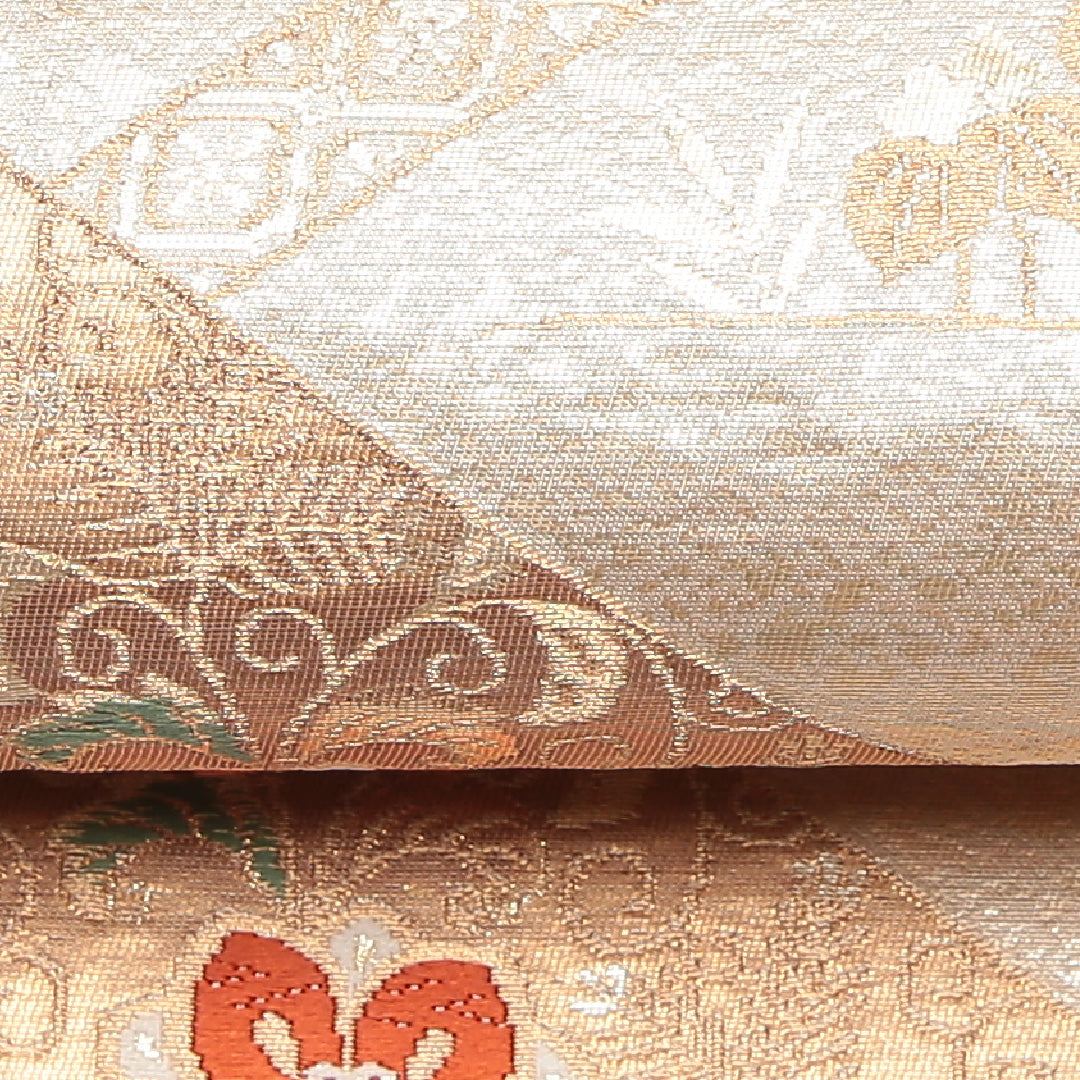 袋帯 帯丈424cm 正絹 六通 フォーマル 裂取り 宝相華 金系 ピンク系 1243-01187