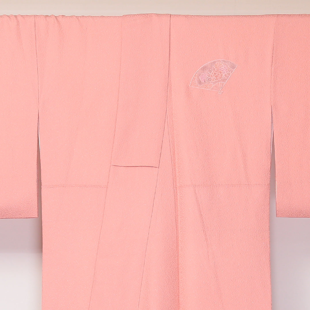 付下げ 袷 身丈165~169cm 裄68cm 正絹 汕頭刺繡 ぼかし 檜扇 ピンク系 ふくれ織 Sランク 1212-00651