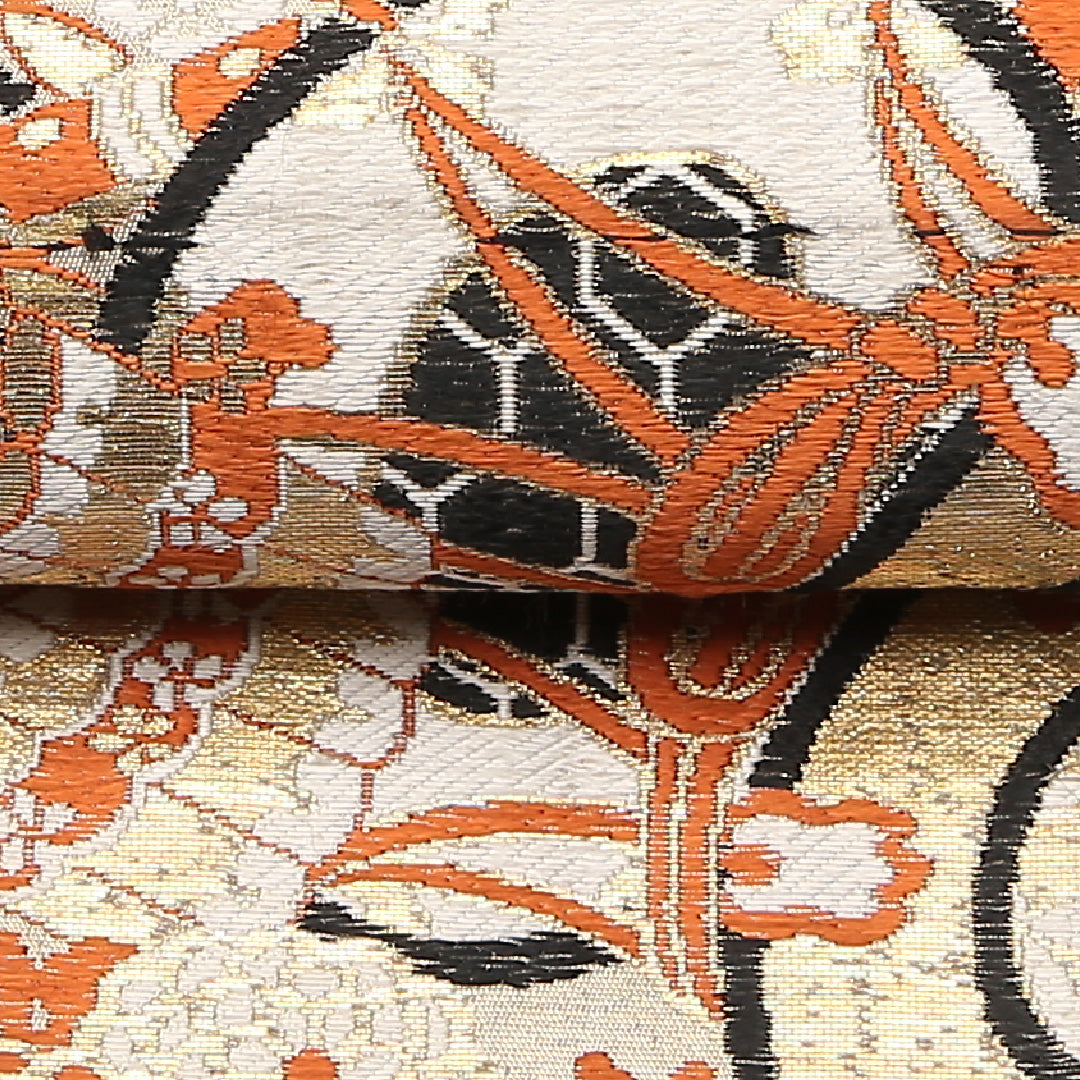 アンティーク 丸帯 帯丈412cm 正絹 全通 向かい鳥 鼓 丸文 クリーム系 1242-01055