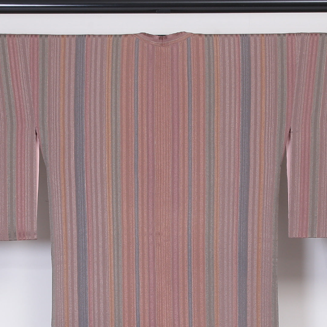 道行コート 袷 身丈91cm 裄丈65cm 正絹 Sランク Mサイズ フォーマル ガード加工 縞 ピンク系 ベージュ系 1263-05888