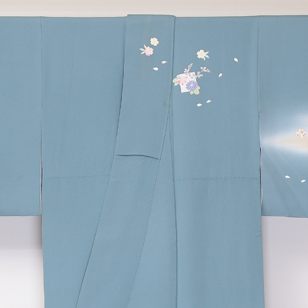 訪問着 袷 身丈149cm 裄61cm 正絹 一つ紋 ぼかし 牡丹 菊 金彩 立ち沢瀉 Aランク 1212-00648