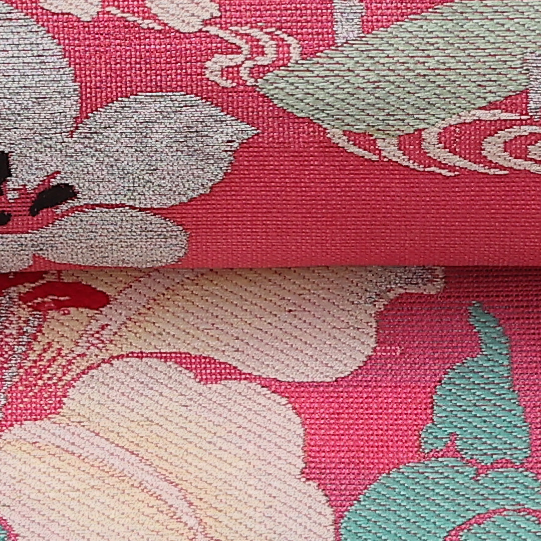 アンティーク 名古屋帯 帯丈340cm ポイント柄 名古屋仕立て Cランク カジュアル 菖蒲 牡丹 藤 唐織 正絹 ピンク系 1224-01096