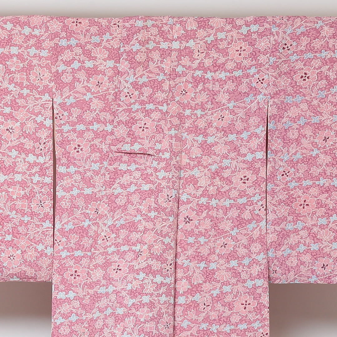 小紋 袷 身丈148cm 裄丈62cm 正絹 Aランク インフォーマル 広衿 XSサイズ 花柄 ピンク系 HP 1221-01506