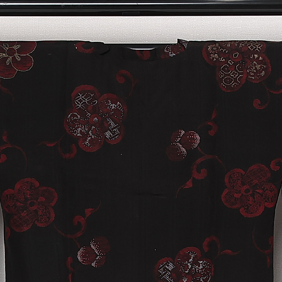 アンティーク 道行コート 袷 身丈107cm 裄丈61cm 正絹 Dランク Sサイズ 梅 黒系 HP 1237-13733