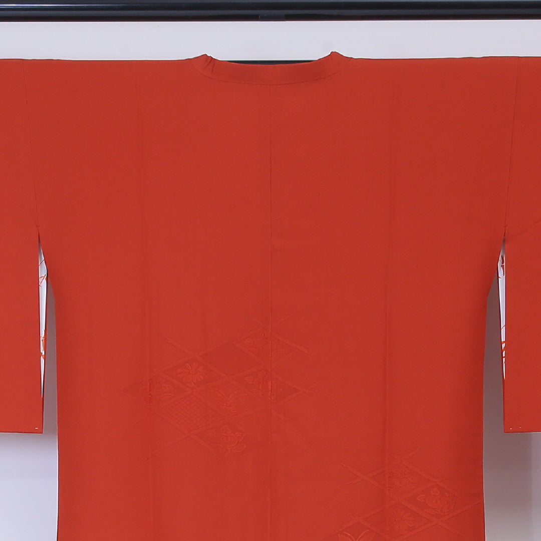 道行コート 袷 身丈89cm 裄64.5cm 正絹 Sランク 菱形 朱系 1217-00457