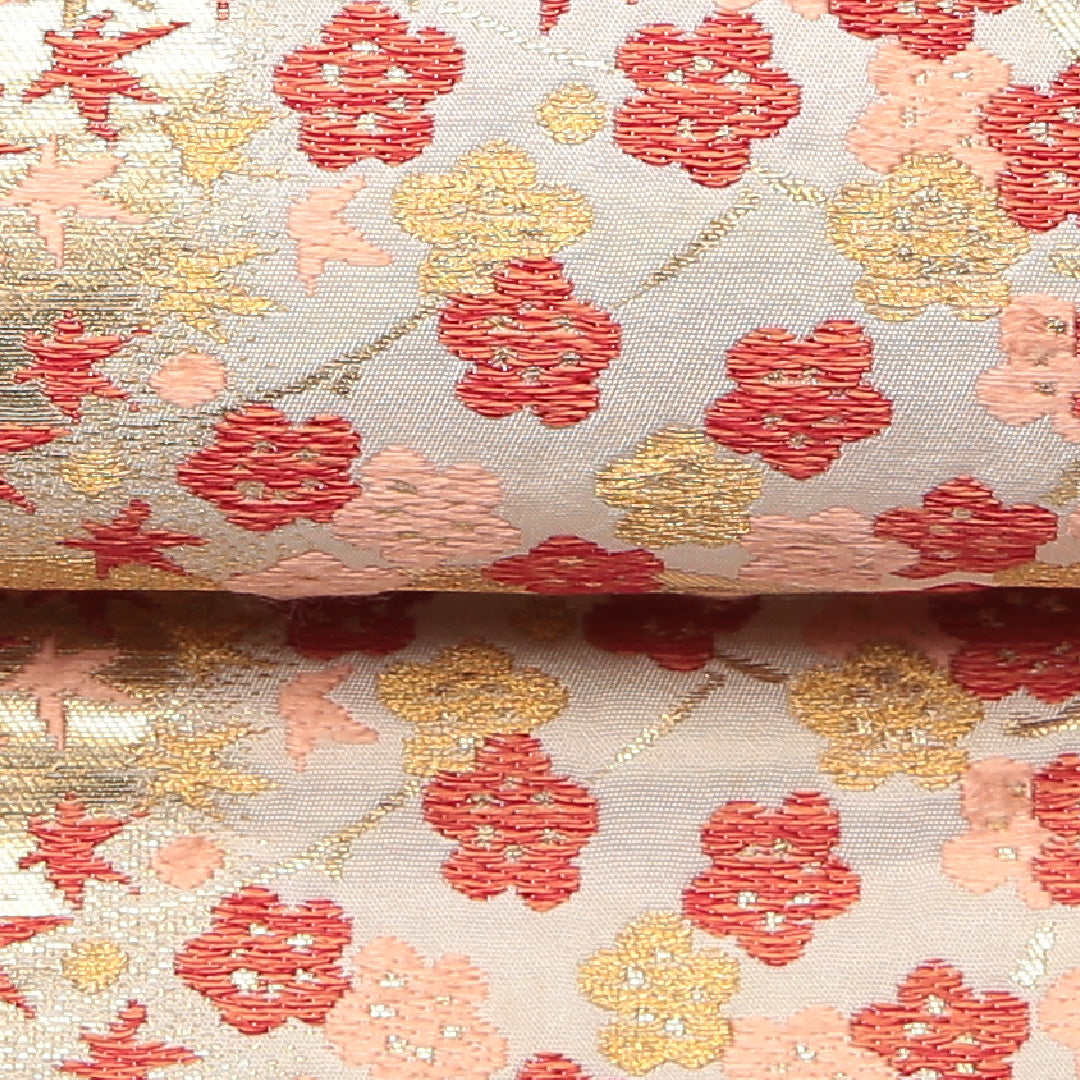 アンティーク 九寸名古屋帯 帯丈329cm 正絹 六通 名古屋仕立て 織り 牡丹 松 楓 金系 RP 1245-01750