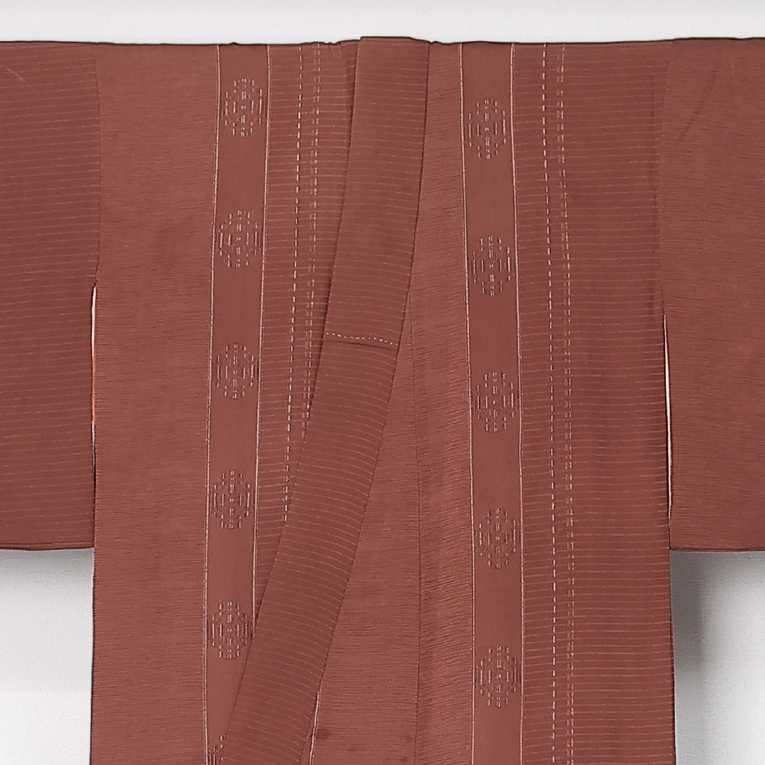 アンティーク 小紋 袷 身丈144cm 裄丈60cm 正絹 Aランク バチ衿 XSサイズ 刺繍 木瓜 茶系 M4 1221-12505