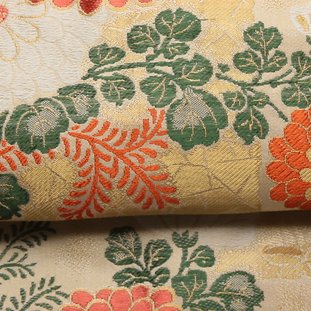 アンティーク 九寸名古屋帯 Cランク 帯丈332cm 正絹 六通 名古屋仕立て 織り 菊 ベージュ系 M4 1245-01795