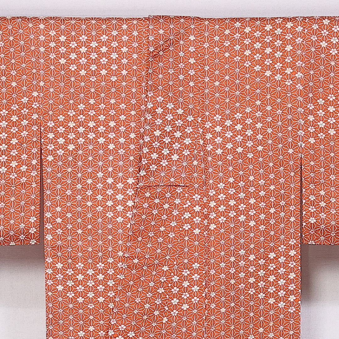 小紋 身丈162cm 裄丈64cm L 正絹 Aランク 袷 広衿 梅 麻の葉 レトロ 1215-11047