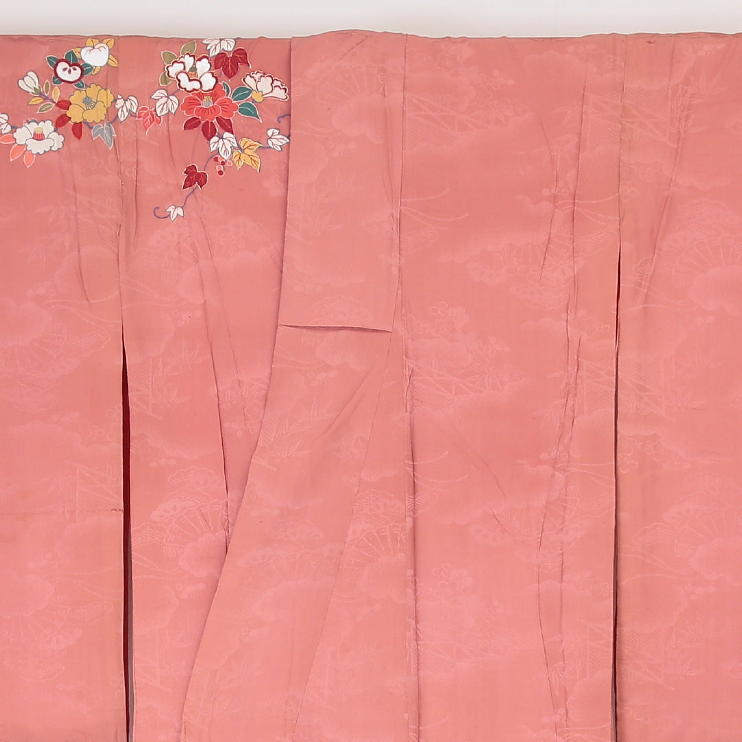 アンティーク 訪問着 (錦紗) 袷 身丈153cm 裄丈62cm 正絹 Aランク 紋意匠 (吉祥文様) 広衿 Sサイズ 牡丹 ピンク系 RP 1217-04502
