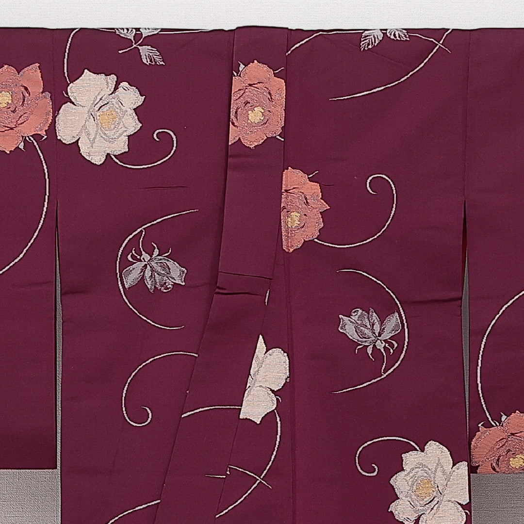 アンティーク お召 袷 身丈151cm 裄丈60cm 正絹 Aランク バチ衿 Sサイズ 薔薇 紫系 RP 1222-14234