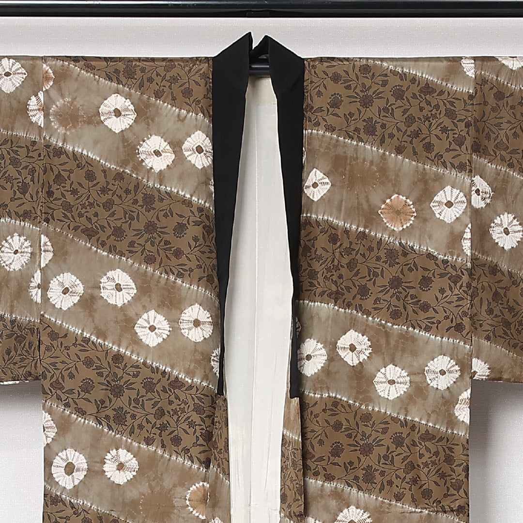 長襦袢 男性用 袷 身丈130cm 裄丈64cm 正絹 Aランク Sサイズ 絞り 花柄 茶系 RP 1241-12974
