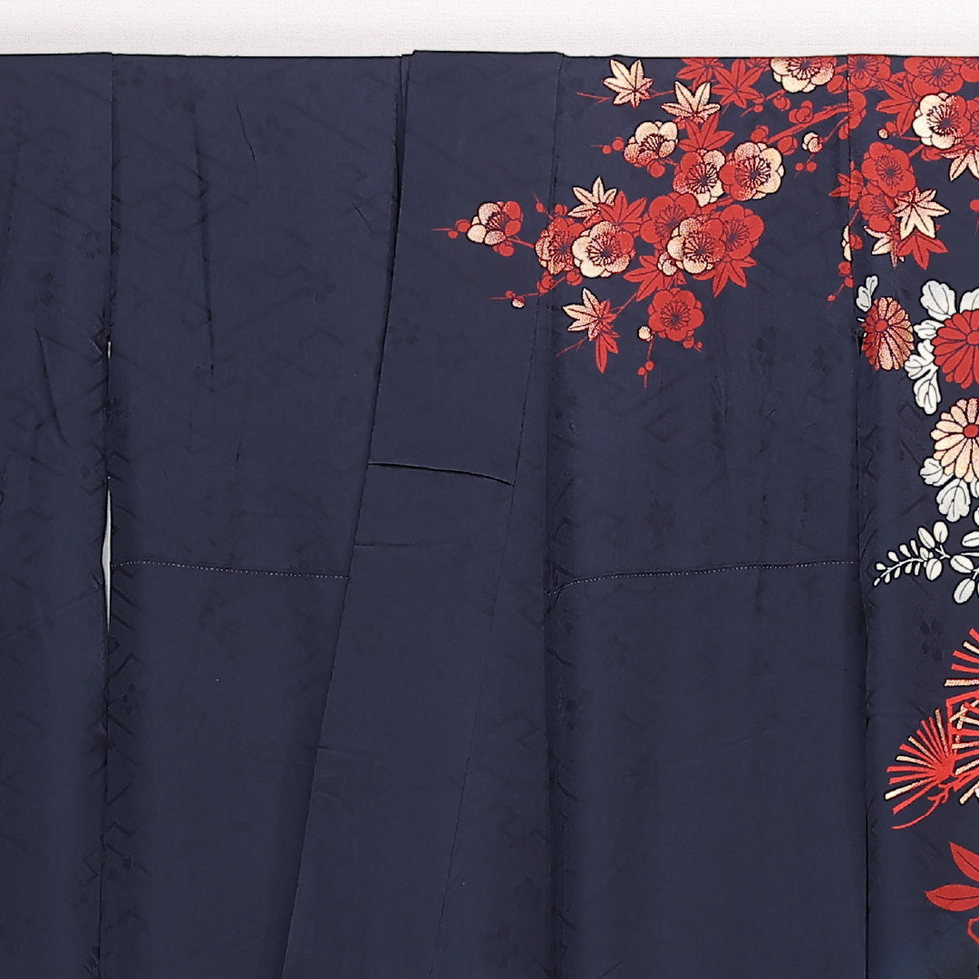 振袖 身丈177cm 裄丈64cm Sランク 正絹 袷 広衿 3XL 金彩 菊 松 フォーマル 華やか モダン 紺系 1213-F0570