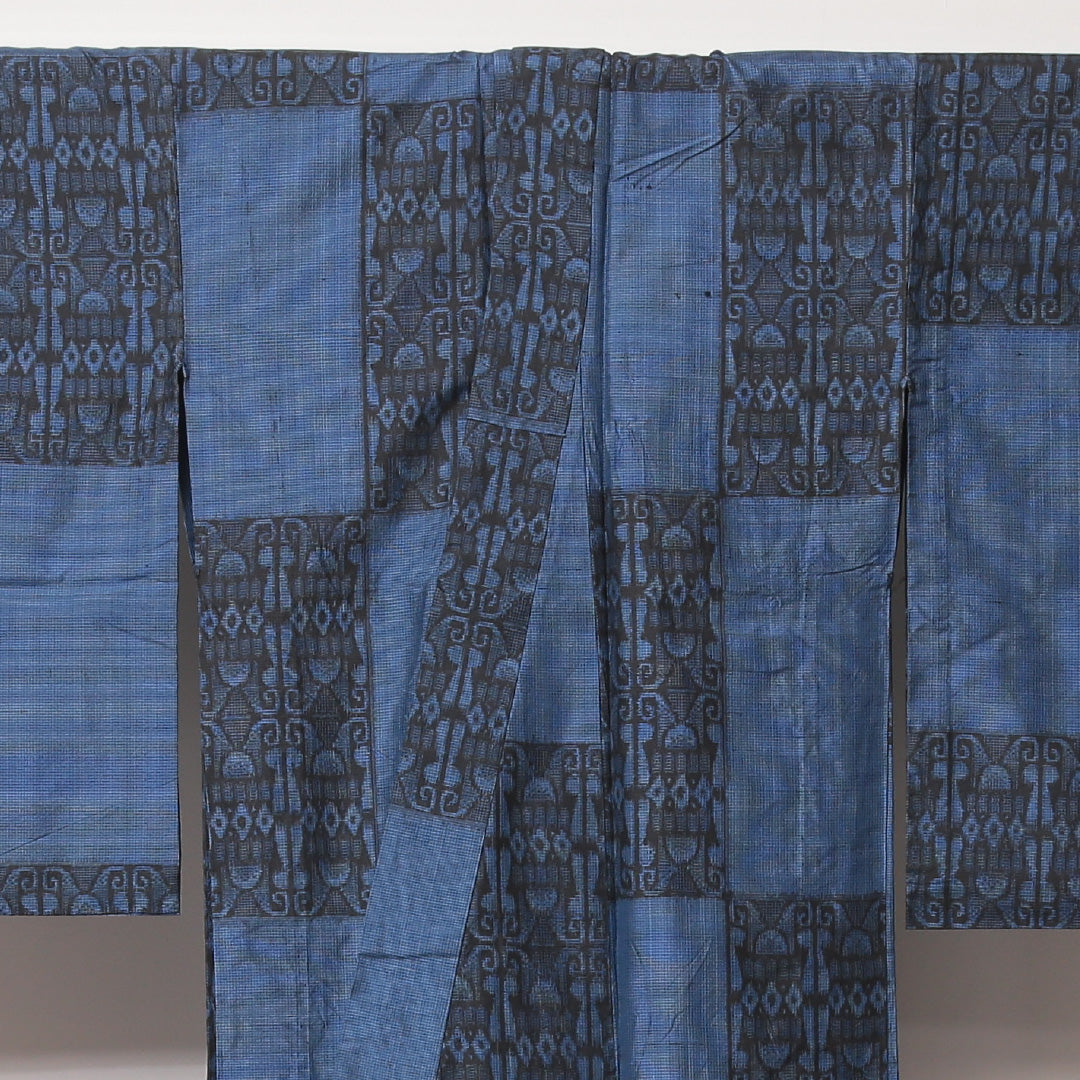 紬 単衣 身丈151cm 裄丈62cm 正絹 Bランク Sサイズ バチ衿 カジュアル 市松 青系 1216-03505