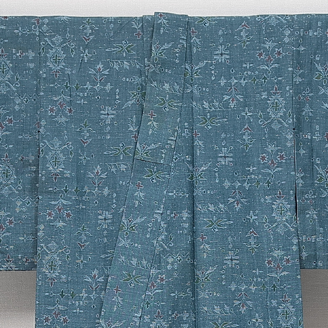 紬 単衣 身丈140cm 裄丈61cm 正絹 Aランク カジュアル バチ衿 XSサイズ 植物柄 創作柄 青系 RP 1223-14792