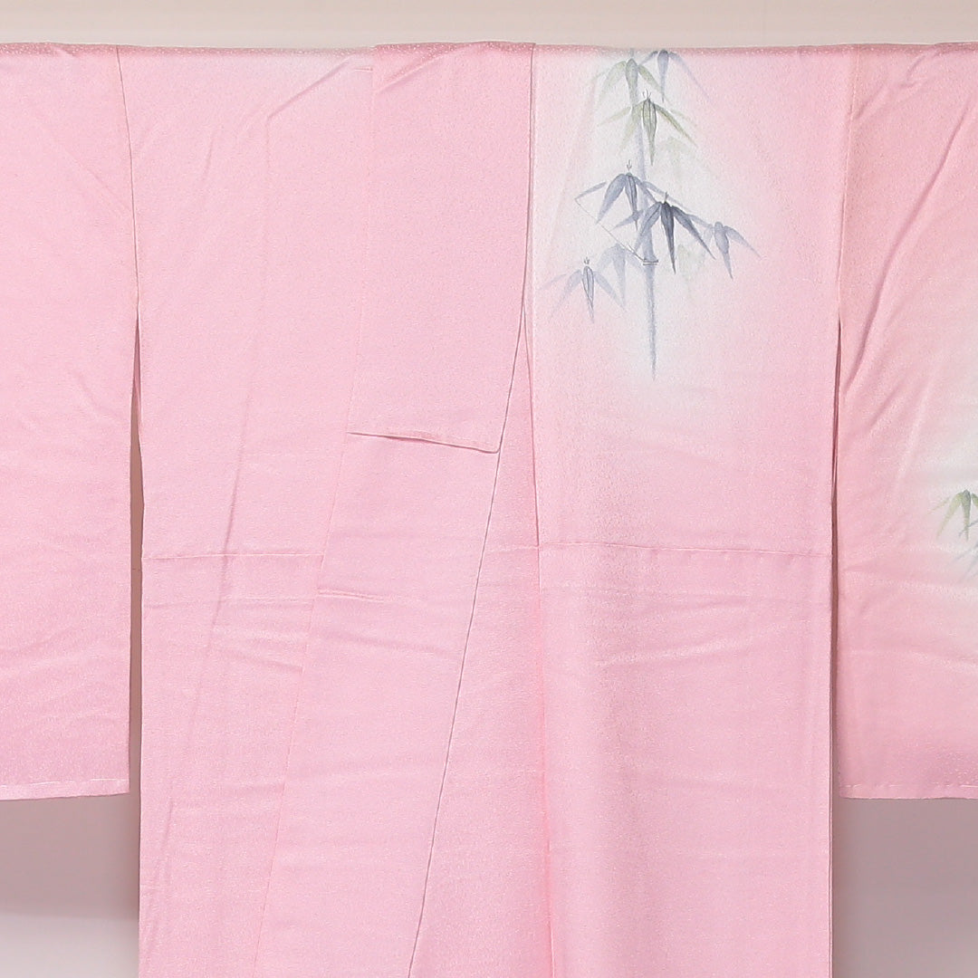 未使用品 付下げ 袷 身丈160cm 裄丈65cm 正絹 Sランク インフォーマル 広衿 Lサイズ ぼかし染 しつけ糸 笹 竹 ピンク系 RP 1218-04580